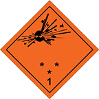 Табличка "Подклассы: 1.1, 1.2 и 1.3  ДОПОГ: № 1  Взрывчатые вещества и изделия"